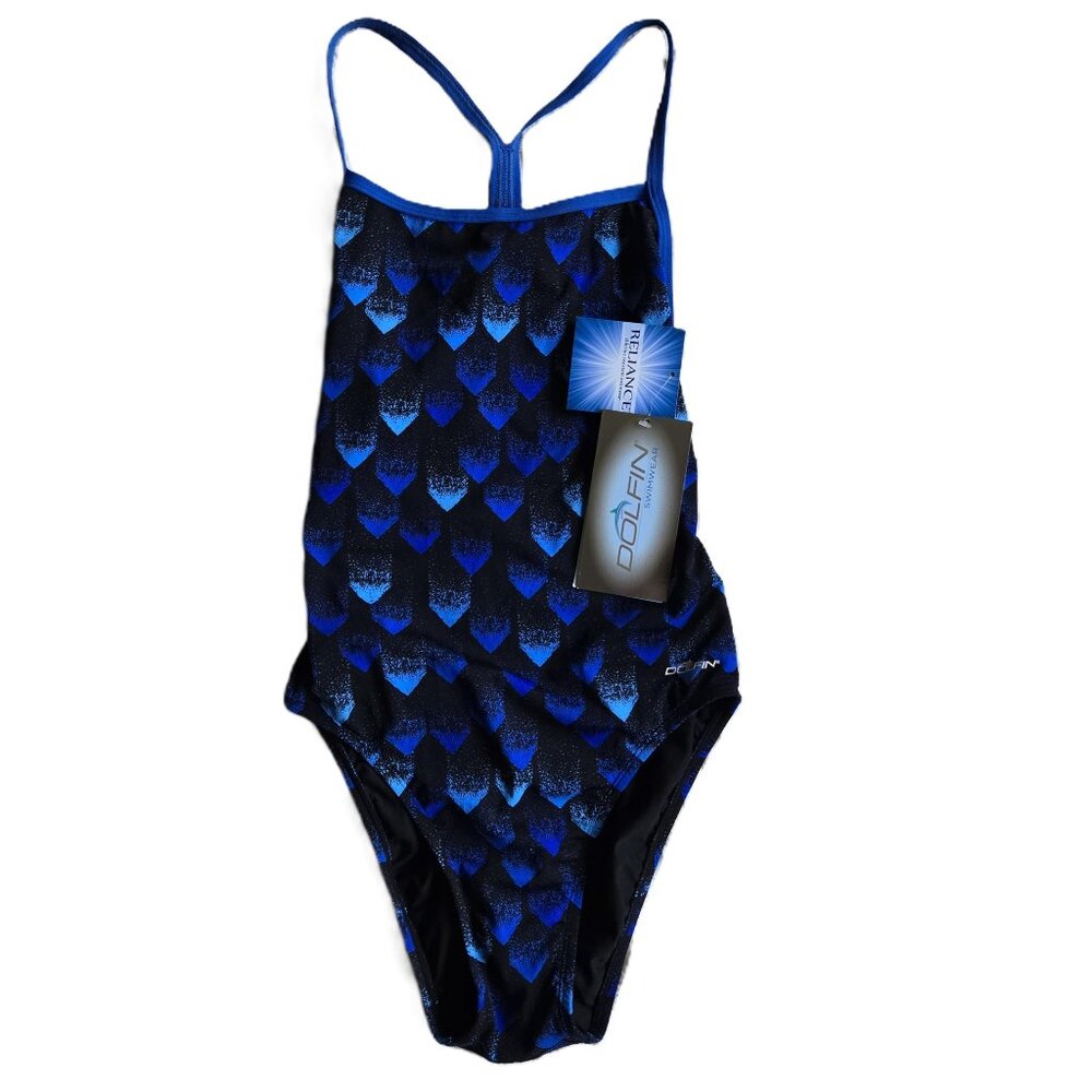 NWT DOLFIN RELIANCE Blue/Black Geo 1-Piece Competition Swim Suit Women's 36/10
